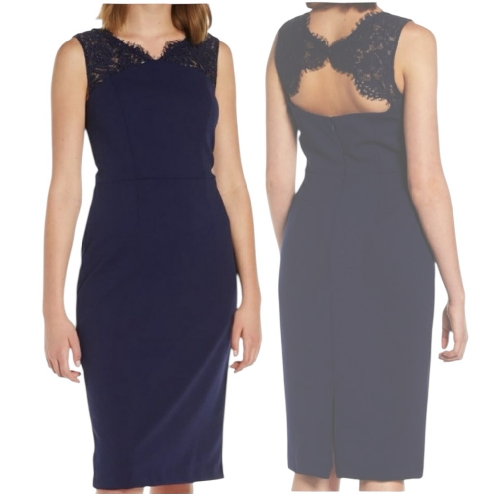 Vince Camuto Navy Sheath Midi Dress V-Neck Sleeveless size 6 lace & beading.